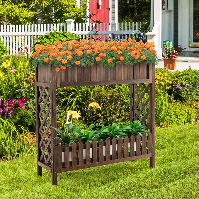 Giantex Planter Raised Bed Elevated Potted Plant Rack W/Shelf Fence Wooden Standing Plant Container Box w/Trellis for Vegetable Flower Herb Succulent Indoor Outdoor Patio Balcony (Brown)