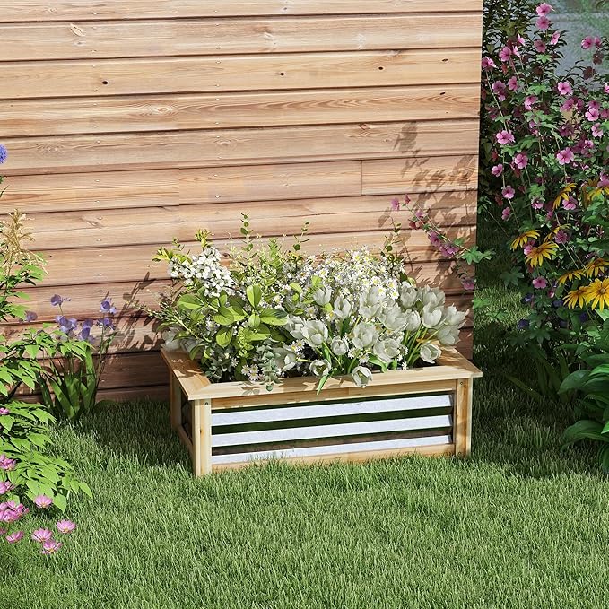 Raised Garden Bed Kit Outdoor Planter Box Galvanized Metal Reinforced with Wood Stock Tank for Growing Flowers Herbs and Vegetables