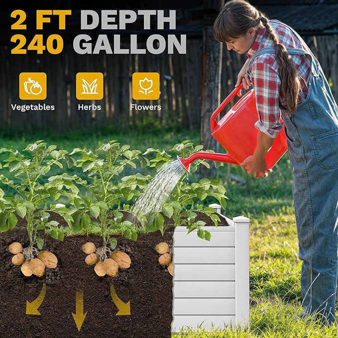 DWVO 4 x 4 x 2 FT Raised Garden Bed Outdoor Vinyl Flower Bed with Growth Grid Large Plastic Planter Box for Vegetables Flowers Herbs Fruits White