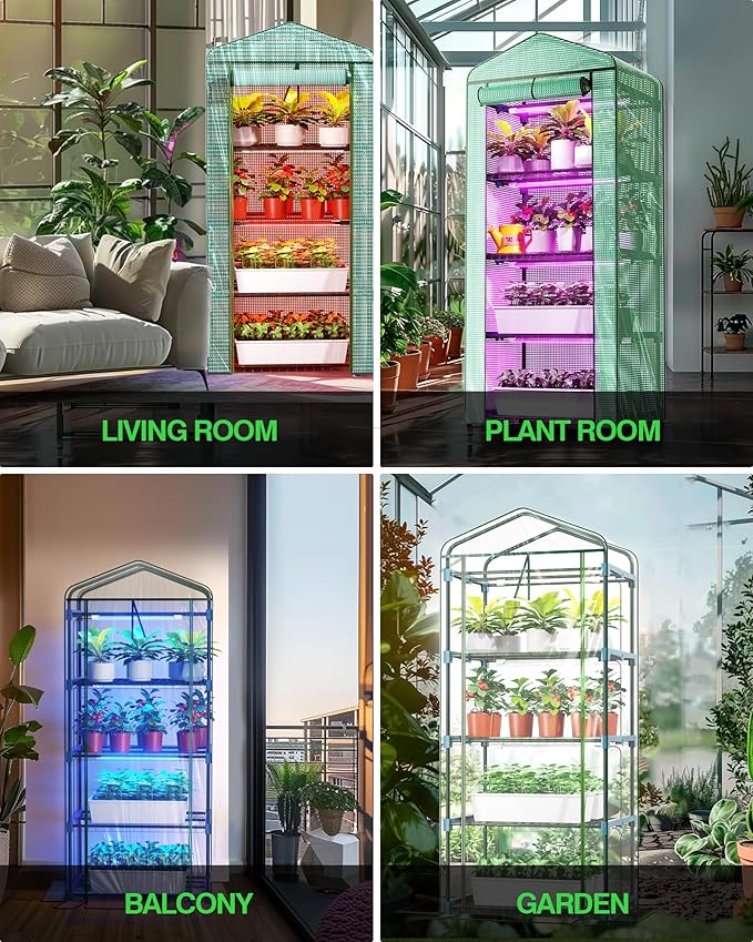 PYY Mini Indoor Greenhouse with Grow Light - Small Portable Outdoor Plant Green House Cabinet with Wheels Thermometer PVC Tent Cover 4 Dimmable 3 Color 2FT 36W LED Kit 4 Tier Gardening Shelves