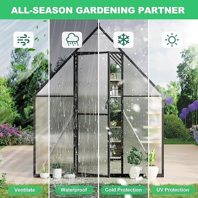 6x9 ft Greenhouse Aluminum-Framed Greenhouse for Outdoors Large Walk-in Green House with Quick Setup Structure and Roof Vent for Outside Garden Backyard Patio Lawn Silver
