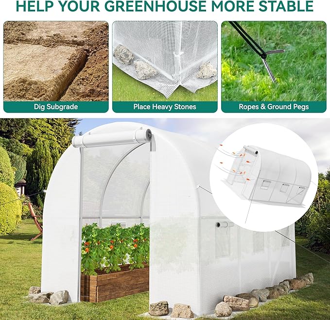 YITAHOME 10x6.5x6.5ft Greenhouses Large Walk-in Green House Heavy Duty Tunnel Green Houses Outdoor Portable Plant Gardening Upgraded Galvanized Steel Frame Zipper Doors 5 Crossbars Garden White