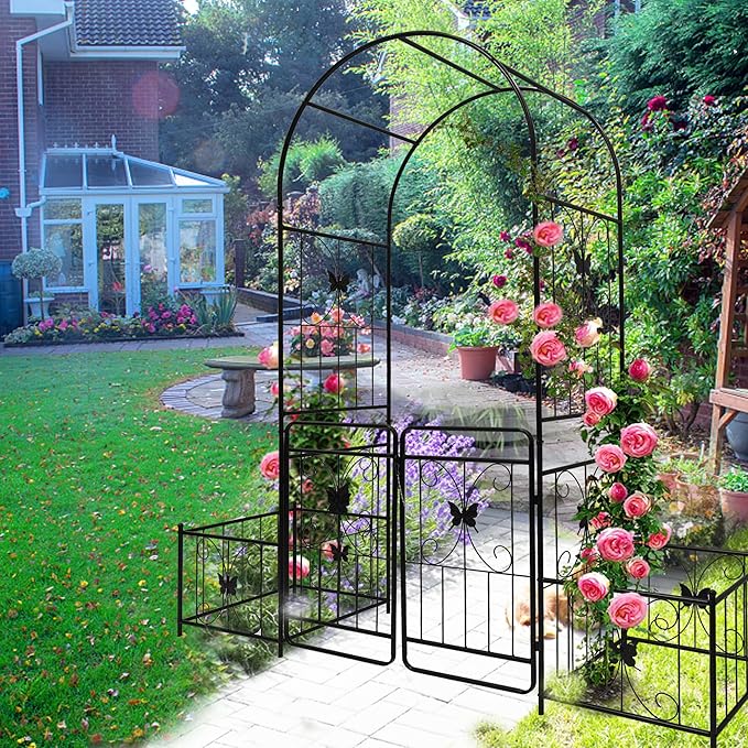 Metal Garden Arch with Gate 79.5'' Wide x 86.6'' High Climbing Plants Support Rose Arch Outdoor Black FU354