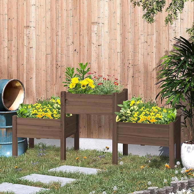 Raised Garden Bed with 3 Planter Box Elevated Wooden Plant Stand with Drainage Holes for Vegetables Herb and Flowers Coffee
