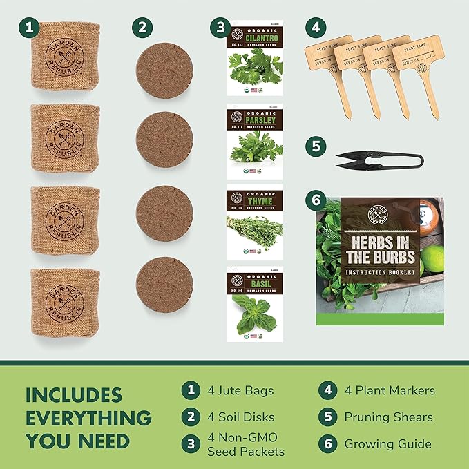Indoor Herb Garden Starter Kit - Heirloom Non-GMO Herb Seeds - Basil Thyme Parsley Cilantro Seed Potting Soil Pots Scissors - DIY Grow Kits for Growing Herbs Indoors Kitchen Balcony Window Sill