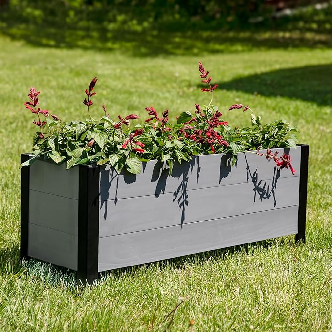 Sunnydaze Acacia Wood Rectangular Planter Box - 14.75 H Wooden Raised Garden Bed with Removable Polyethylene Planter Bag - Gray