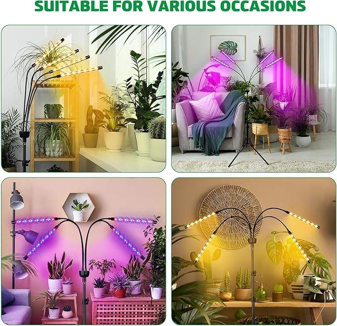 LED Grow Lights for Indoor Plants Full Spectrum with 15-63 inches Adjustable Tripod Stand Red Blue White Floor Grow Lamp with 4/8/12H Timer with Remote Control