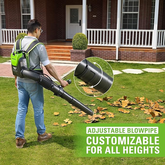 Greenworks 40V (165 MPH / 660 CFM / 75+ Compatible Tools) Cordless Brushless Backpack Leaf Blower 8.0Ah Battery and Charger Included Green
