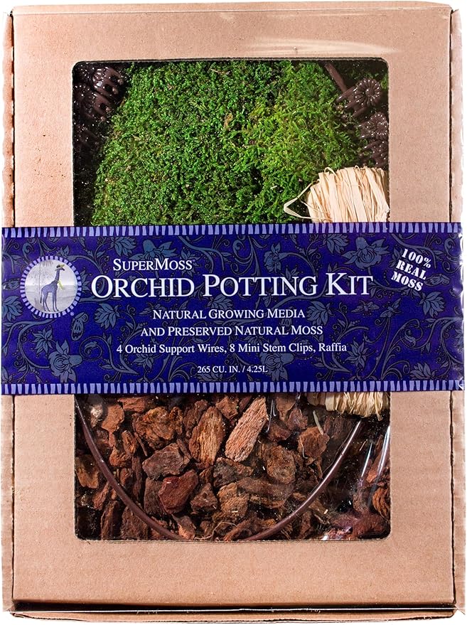 SuperMoss (90447) Orchid Potting Kit Complete Orchid Care Set with Preserved Moss Orchid Bark Floral Clips and Stakes 120 Cu. in. Sheet Moss Green