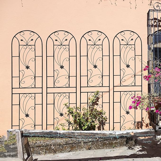4 Pack Large Garden Trellis Heavy Duty Rustproof Iron Plant Trellis for Potted Plant Support Metal Climbing Rose Trellis Vine Vegetable CucumberBlack-86.7 H x 19.7 W