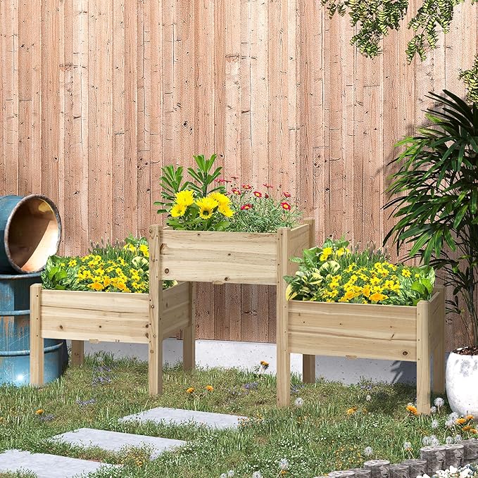 Raised Garden Bed with 3 Planter Boxes Two-Tier Elevated Wooden Plant Stand with Drainage Holes for Vegetables Herbs and Flowers Natural Wood