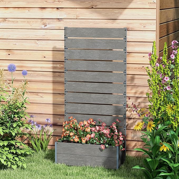 Vertical Garden Planter with Built-in Trellis 28.25”H Raised Bed for Climbing Plants Freestanding Planter Box with Drainage for Patio Deck Balcony Gray