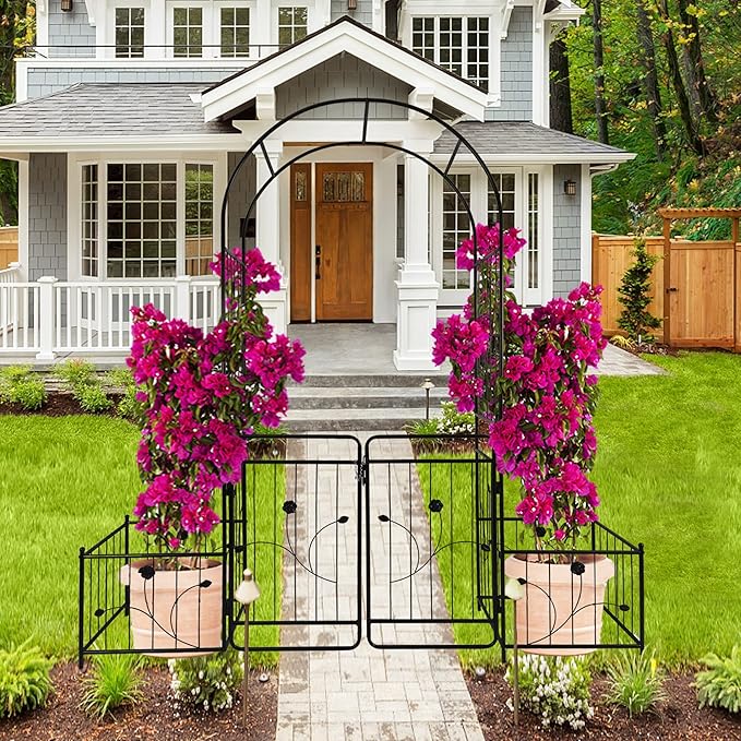 Metal Garden Arch with Double Gate 79.5 Wide x 86.6 High Black Outdoor Rose Trellis Climbing Plants Support Arbor with Side Planter Stands