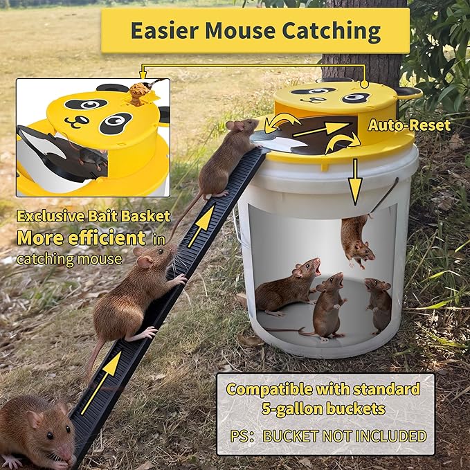 3 Packs Mouse Trap BucketAutomatic Reset Flip Mouse Traps Humane Rat Traps Indoor &ampOutdoor Use5 Gallon Bucket CompatibleReusable Mice Catching Tool
