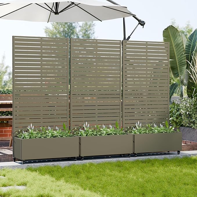 Casaphoria Metal Raised Garden Bed with Trellis and Wheels 72x35x16 Planter Box for Climbing Plants Vegetables &amp Vines Features Drainage Holes and Privacy Screen Green-Louvered