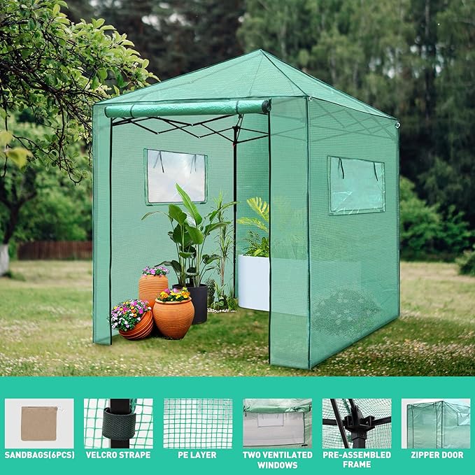 PexFix 6'x 5' Portable Walk-in Greenhouse Easy Setup Indoor/Outdoor 2 Roll-Up Mesh Windows Roll-Up Zipper Door Green