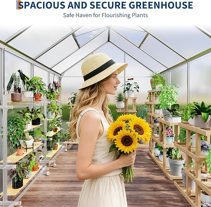 CABIHOME 6 x 6 FT Greenhouses for Outside Polycarbonate Greenhouse with Aluminum Frame Sliding Door Adjustable Roof Vent Backyard Green Houses Patio Garden Black (Silver 6x8 FT)