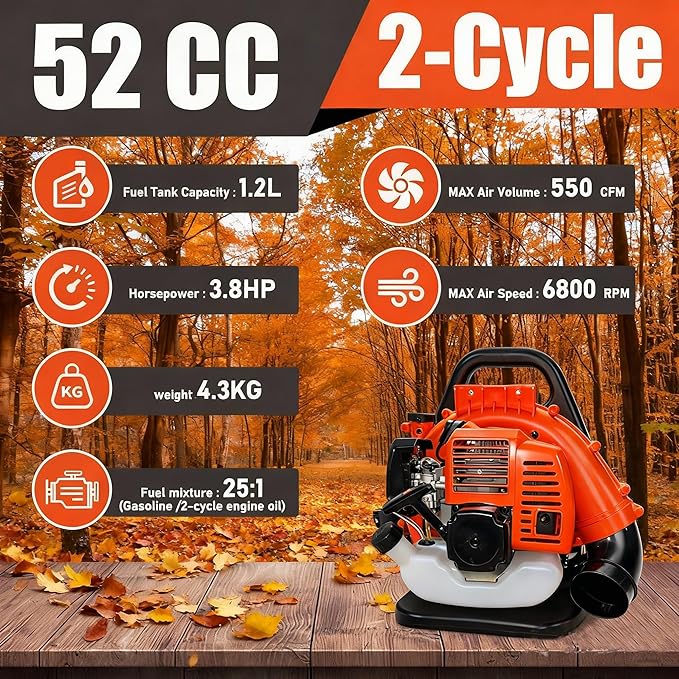 Leaf Blower 52CC 2-Stroke Gas Powered Backpack Blower with 550 CFM Strongest Handheld &amp Backpack Leaf Blowers for Yard Garden Lawn Care and Snow Removal Adjustable Tube &amp Ergonomic Harnes