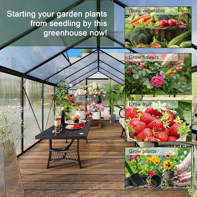 8X12 FT Polycarbonate Greenhouse 6 FT Height Aluminum Large Green Houses for Outside Heavy Duty Quick Setup Walk in Greenhouses with 2 Roof Vent and Rain Gutter for Outdoor Black (143Wx96Dx77H)