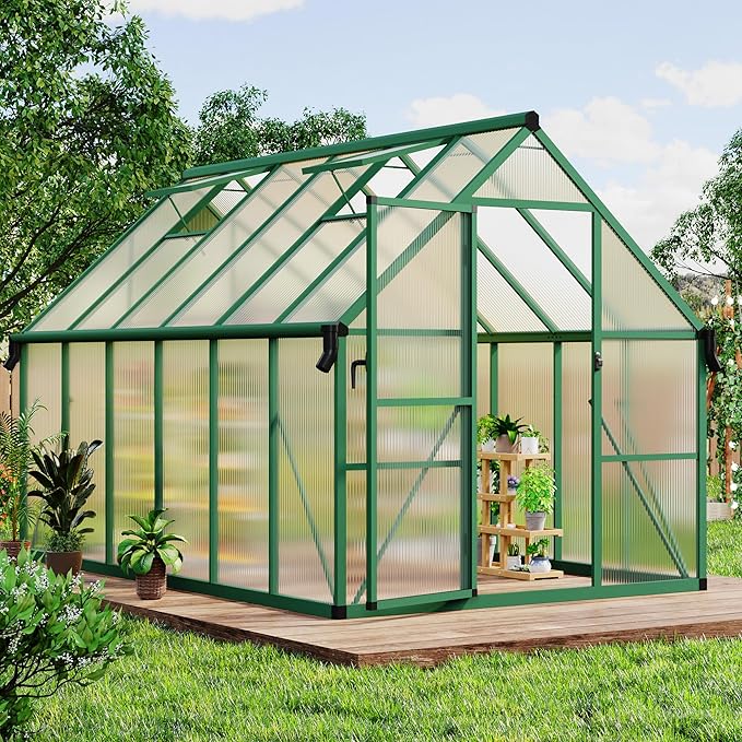 CABIHOME 8x12 FT Outdoor Greenhouse Polycarbonate Greenhouse with Roof Vent and Ground Nails Aluminum Large Walk-in Green House w/ Lockable Push Door for Outside Garden Backyard (Green 8x12 FT)