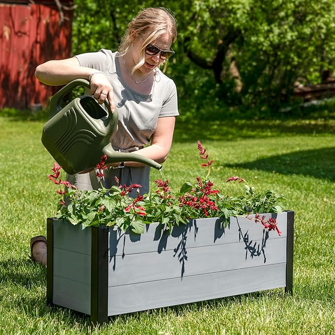 Sunnydaze Acacia Wood Rectangular Planter Box - 14.75 H Wooden Raised Garden Bed with Removable Polyethylene Planter Bag - Gray