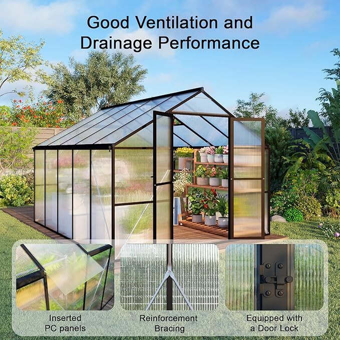 8X10 FT Greenhouses for Outdoors Aluminum Large Polycarbonate Greenhouse Quick Setup Walk in Green House with Roof Vent and Swing Lockable Door for Outside Black (119 W x 96 D x 77 H)