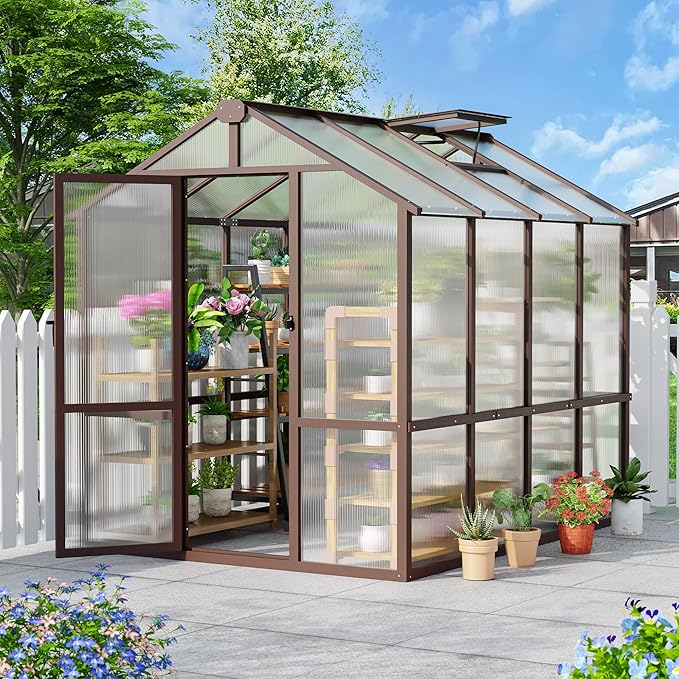 6x8 FT Wooden Greenhouse with Cedar Frame Walk-in Heavy Duty Green House for Outdoors with 6MM Thick Polycarbonate Panel and Adjustable Roof Vents Garden Backyard Patio Lawn Brown