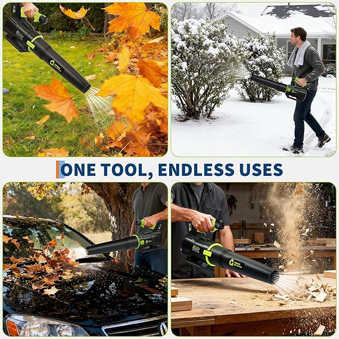 Electric Leaf Blower - 650CFM &amp 200MPH Leaf Blower Cordless with 20V 4.0Ah Battery and Charger Variable Speed Powered Leaf Blowers for Lawn Care Blowing Leaves Dust Snow - Green