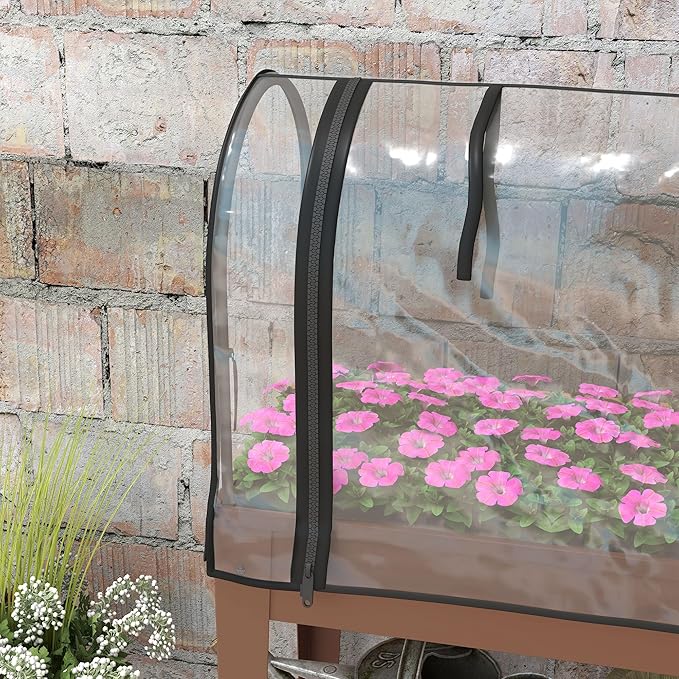 Outsunny Raised Garden Bed with Greenhouse Cover Large Metal Outdoor Elevated Planter Box with Lockable Wheels Storage Shelf and Drainage Hole for Vegetables Flowers Herbs Brown