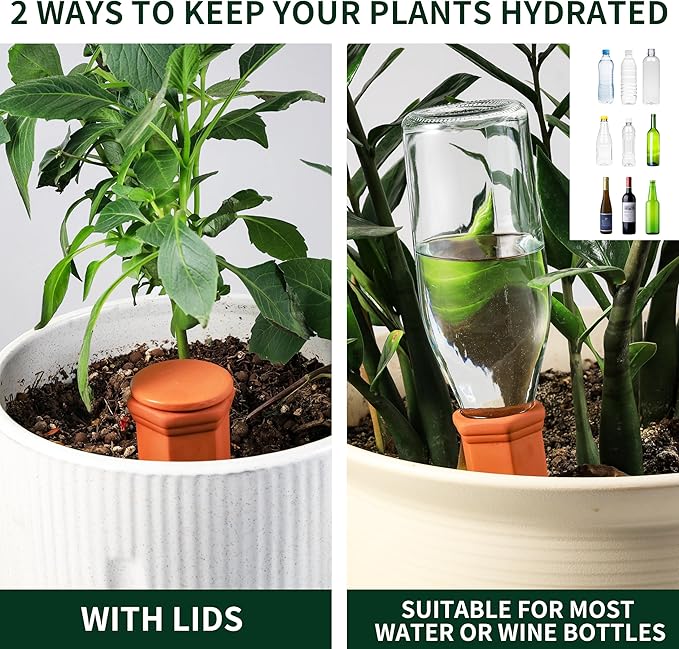 Large Terracotta Watering Spikes with Lids Automatic Plant Waterer Outdoor | Indoor Vacation Friendly Clay Plant Watering Devices System Slow Release Self Watering Planter Insert 6 Pack