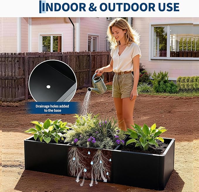 IDEALHOUSE 54x20 Metal Planter Box with Drainage Holes &amp Rounded Corners – Modern Heavy Duty Steel Raised Garden Bed with Snap-On Assembly for Patio Gardening &amp Balcony