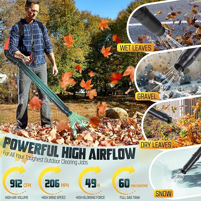 75.6cc 2-Cycle Backpack Leaf Blower Gas Powered 912CFM 206MPH 6.0HP Gas Leaf Blower w/2-Stage Air Filter Cruise Control Commercial Gasoline Blower for Lawn Care Yard Cleaning (Orange)