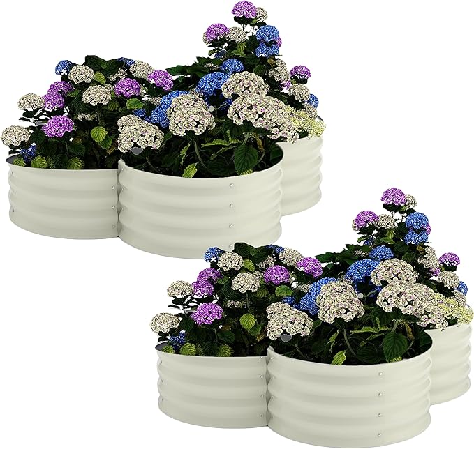 GarveeLife 2-Pack Galvanized Raised Garden Bed – Rust-Resistant Petal-Shaped Outdoor Planter Box with Open Base for Herbs Veggies &amp Flowers Ground-Connected Design for Deep Root GrowthBeige