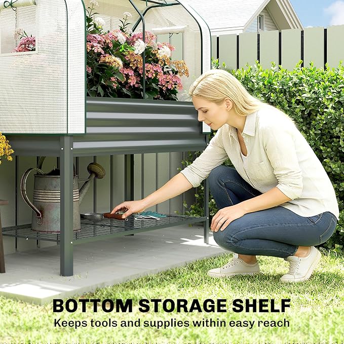 Outsunny Galvanised Raised Garden Bed with Greenhouse Cover Metal Elevated Garden Bed with Legs Bed Liner and Bottom Shelf Outdoor Raised Planter Box for Vegetables Herbs Flowers Dark Gray