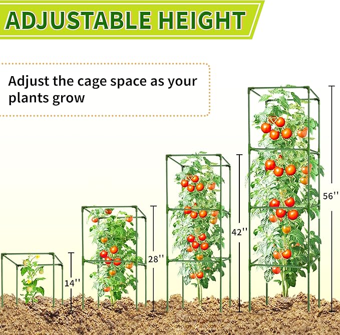 3 Pack Square Tomato Cages for Garden - 56 Inch Heavy Duty Tomato Plant Support Stakes Sturdy Metal Core with Rust-Resistant Coating Tomato Trellis for Raised Beds
