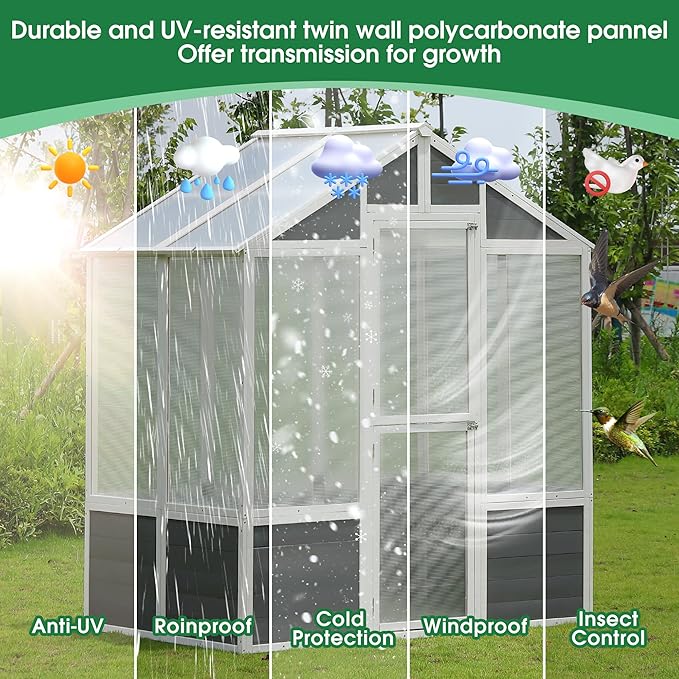 Polycarbonate Greenhouse Outdoor Walk-in Hobby Green House for Patio Backyard Lawn Wooden Greenhouse Garden Shed for Plants Grow House with Front Entry Door (76x48x86 in)