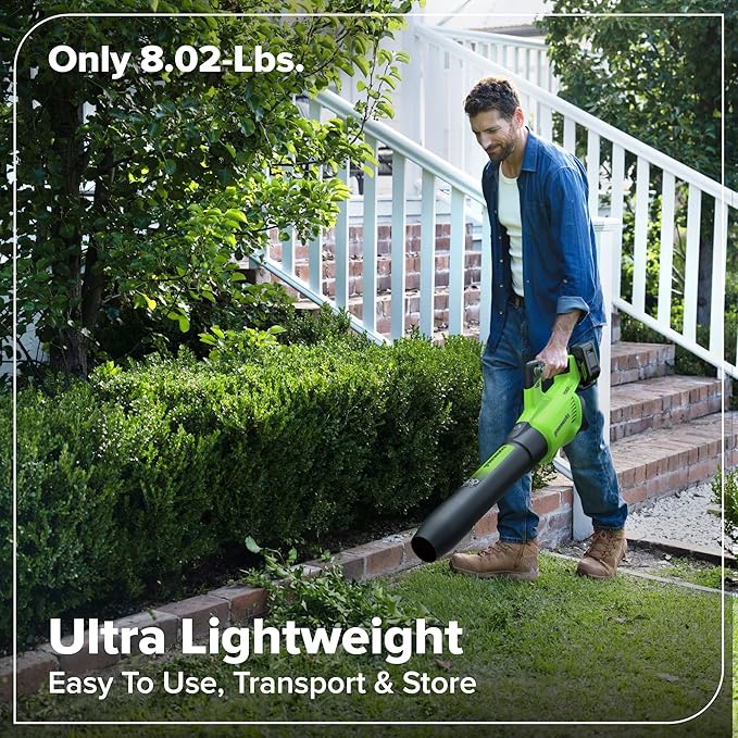 Greenworks 48V (24V x 2) Brushless Axial Leaf Blower (600 CFM / 150 MPH) Powerful for Large Yard Driveway Patio and Deck Cleanup Includes (2) 4.0Ah Batteries and 100W GaN Charger