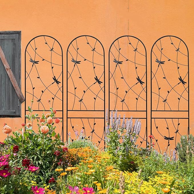 2/4 Pack Metal Garden Trellis for Climbing Plants Outdoor Flower Support Black with Dragonfly Deco Plant Support for Garden Patio Practical(4 Pack-H86'')