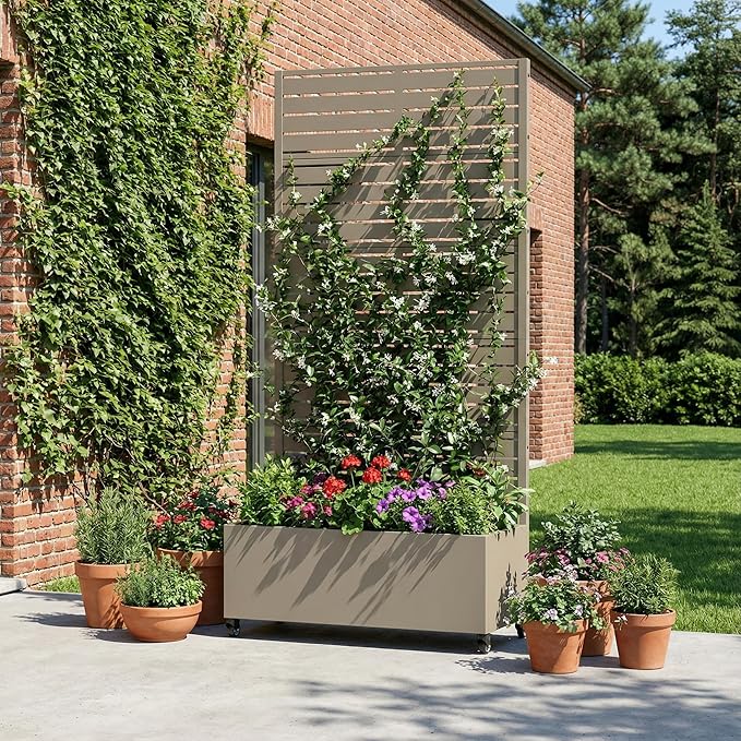 Casaphoria Metal Raised Garden Bed with Trellis and Wheels 72x35x16 Planter Box for Climbing Plants Vegetables &amp Vines Features Drainage Holes and Privacy Screen Green-Louvered