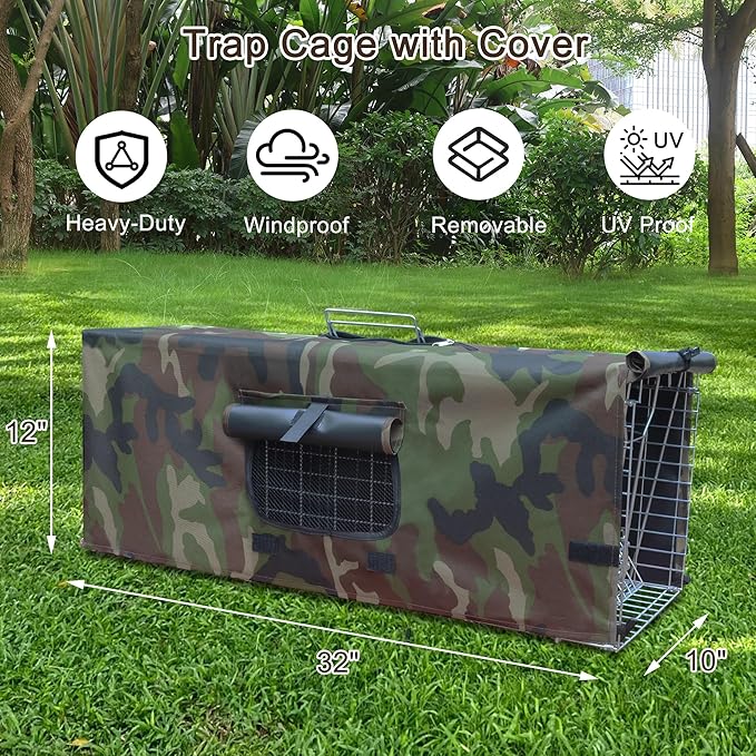 Live Animal Trap Cage with Cover Cat Trap for Stray Cats 32 Inch Heavy Duty Folding Skunk Traps with Real Door for Raccoons Opossums Groundhogs Skunks Feral Cats Squirrels-(32 x 10 x 12 inches)
