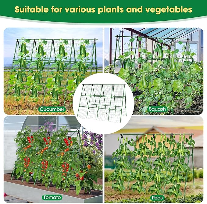 71 x 51 Cucumber Trellis for Raised Bed A-Frame Garden Trellis for Climbing Plants Outdoor Rust-Proof Metal Support for Tomato Peas Beans Zucchini &amp Vines with Netting &amp Clips