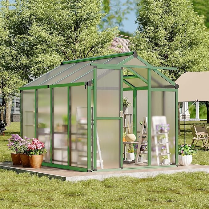 6x8 FT Outdoor Walk-in Greenhouse with Ground Nails &amp Vent Windows – Polycarbonate Greenhouses Sliding Lockable Door Quick Setup for Garden Backyard (Green)