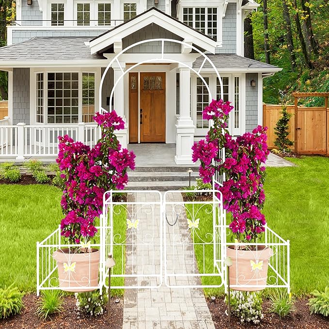86''H Metal Garden Arch Rustproof Garden Arbor Trellis with Two Plants Stand and Gate 0.63'' Dia Galvanized Tube Plant Trellis for Climbing Plants Rose Jasmine (Cream White)