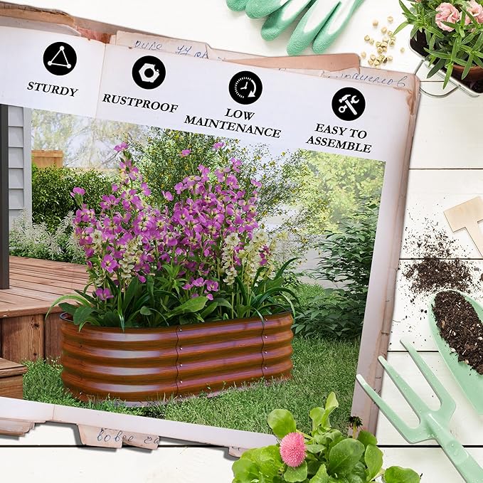 3.5' x 2' x 1' Galvanized Raised Garden Bed Kit Outdoor Metal Elevated Planter Box with Safety Edging Easy DIY Stock Tank for Growing Flowers Herbs Vegetables Brown