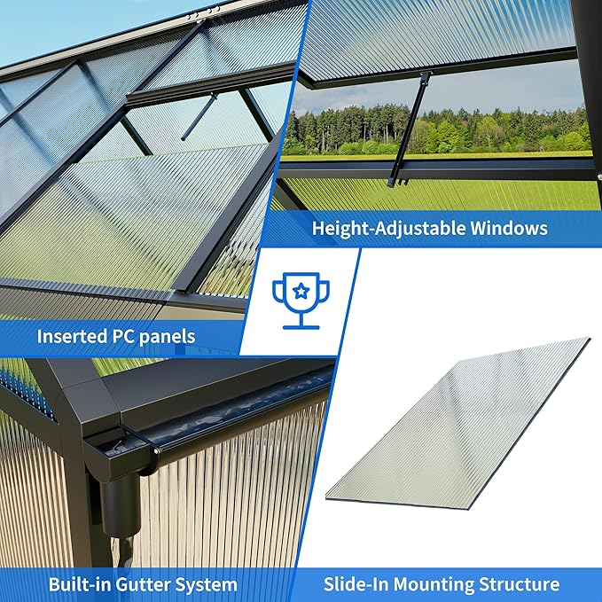WKM 8x12 FT Greenhouse for Outdoors Quick-fit Structure Polycarbonate Green House with Window for Ventilation Walk-in Aluminum Greenhouse for Outside Garden Backyard Black