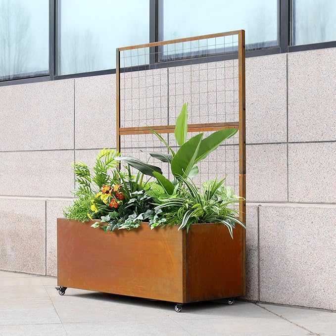 Metal Rolling Planter Box with Lattice Trellis Modern Steel Planter Box Trellis Corten Trough Planter with Casters 66” x 46” x 21” (Rustic)
