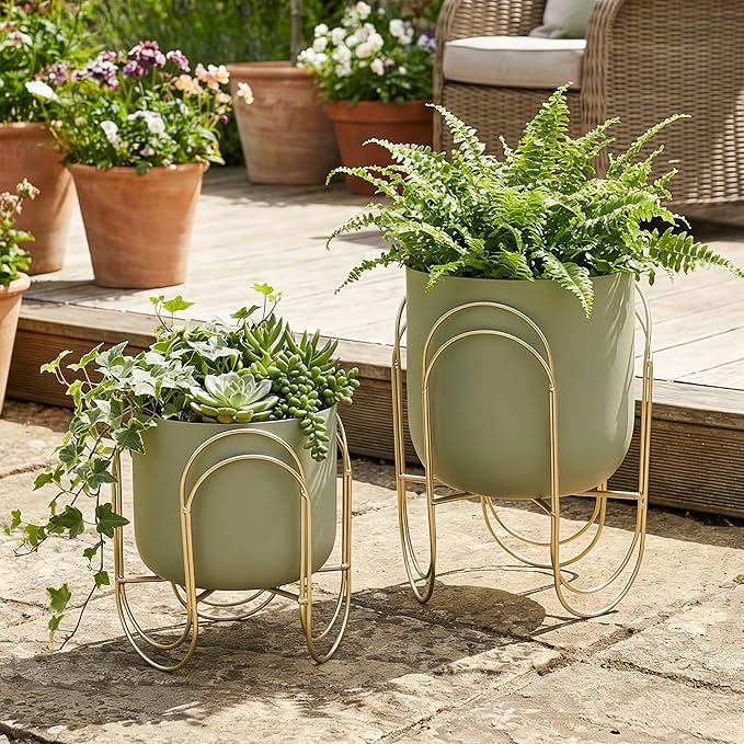 JHY DESIGN Set of 2 Planters with Stand Indoor Outdoor Metal Plant Stand 11.5/8 H Modern Planters Flower Pots for Living Room Corner Kitchen Office Garden Balcony Patio Decor(Green)