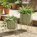 JHY DESIGN Set of 2 Planters with Stand Indoor Outdoor Metal Plant Stand 11.5/8 H Modern Planters Flower Pots for Living Room Corner Kitchen Office Garden Balcony Patio Decor(Green)