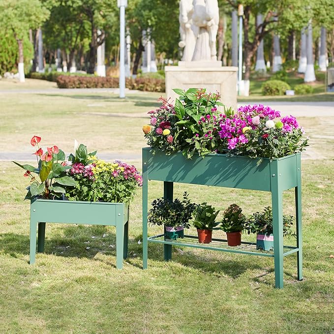 Raised Garden Bed Elevated Planter Green Metal Plant Box with Legs Standing Garden Stand Drainage Holes Green