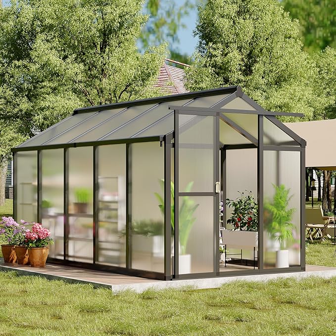 6X10 FT Greenhouse Polycarbonate Garden Greenhouse for OutdoorsAluminum Frame Green House with Lockable Door and Adjustable Roof Vent Ideal for Backyard Patio and Outside Growing